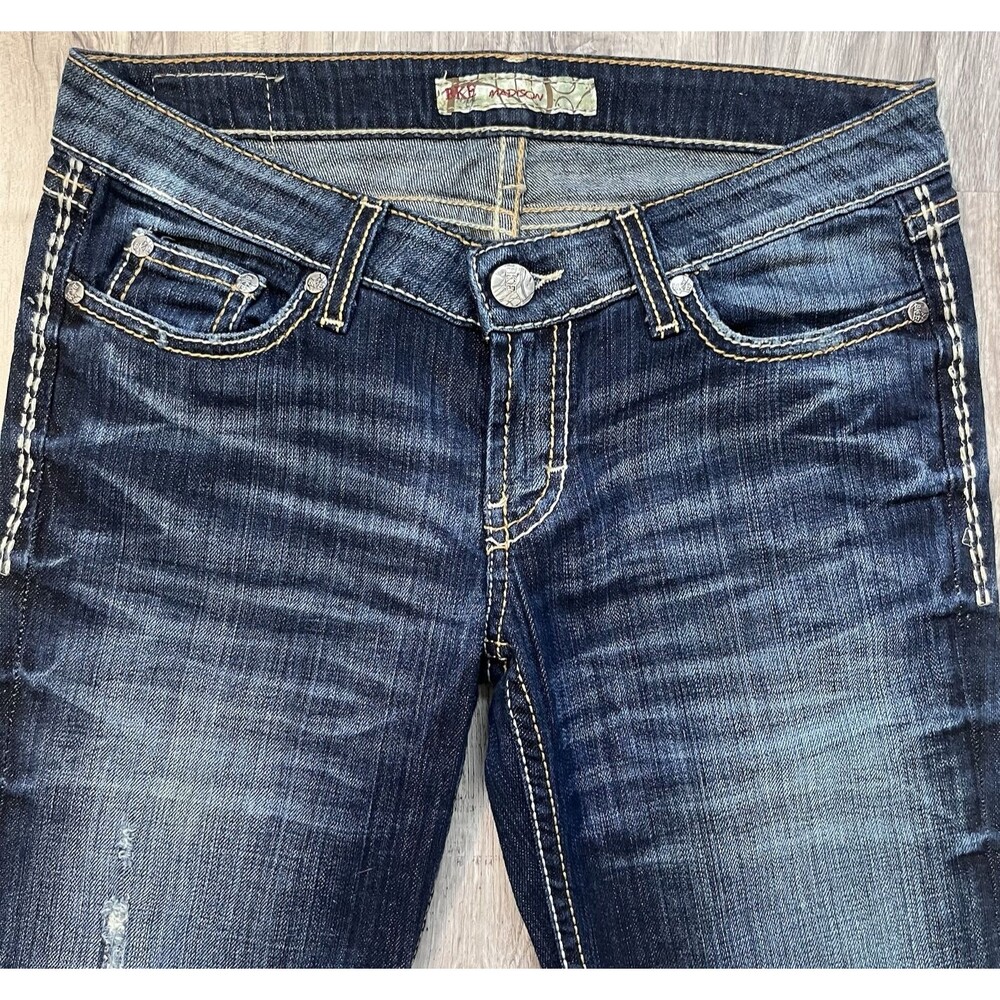 BKE Madison Jeans Womens Boot Cut Denim Blue Distressed Flap Pocket Size 27x33.5